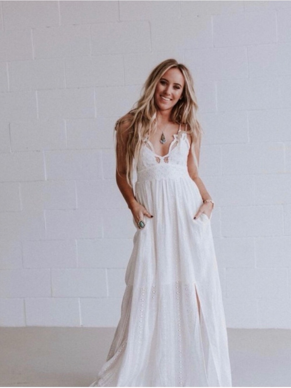 Three Bird Nest White Lace Bralette  Eyelet Maxi Dress Slit Spaghetti Strap Boho - Picture 13 of 13